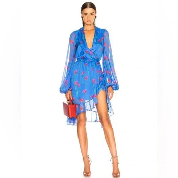 CAROLINE CONSTAS Olivia Mini Dress Blue Floral Silk Size Medium Feminine Flirty - Picture 1 of 10